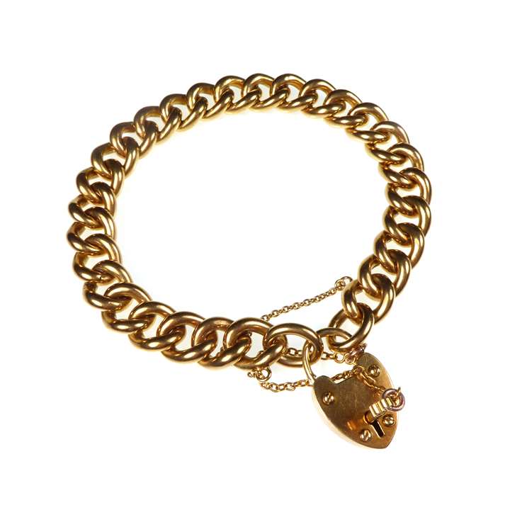 18ct gold curblink bracelet with heart padlock pendant charm